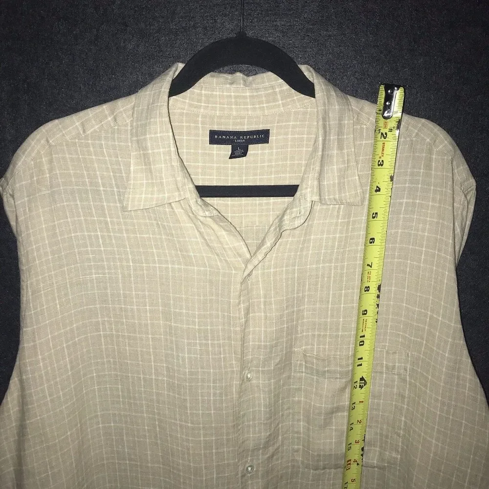 Banana Republic Shirt Tan White Plaid‎ 100% Linen Short Sleeve Button Up Men's